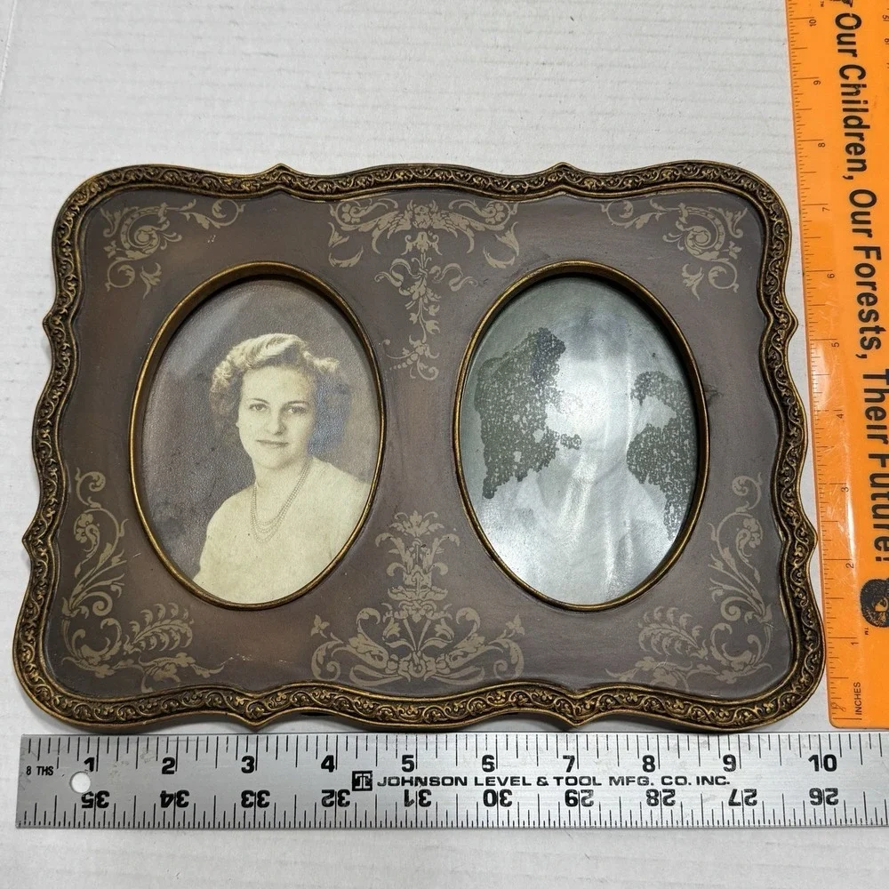 Vtg Antique Double Frame Picture Brown Gold Photo Ornate Young Woman Man Baroque